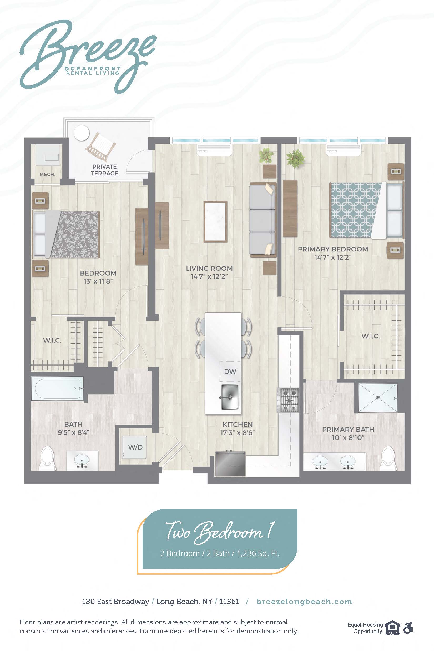 Floor plan for 2 beds, 2 baths, 1236 sqft
